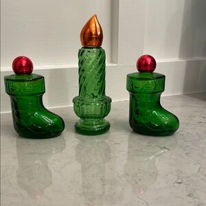 Vintage Avon Green Glass Holiday Candle and Boot Set